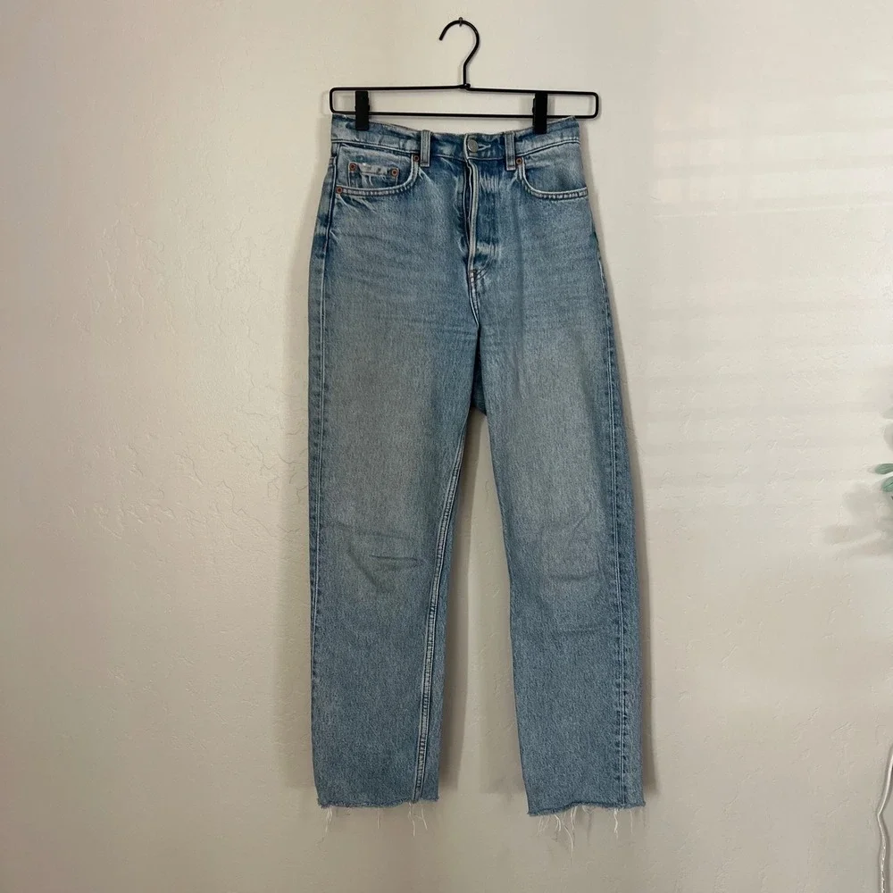 & Other Stories Light Wash High Waisted Button Fly Straight Leg Raw Hem Jeans